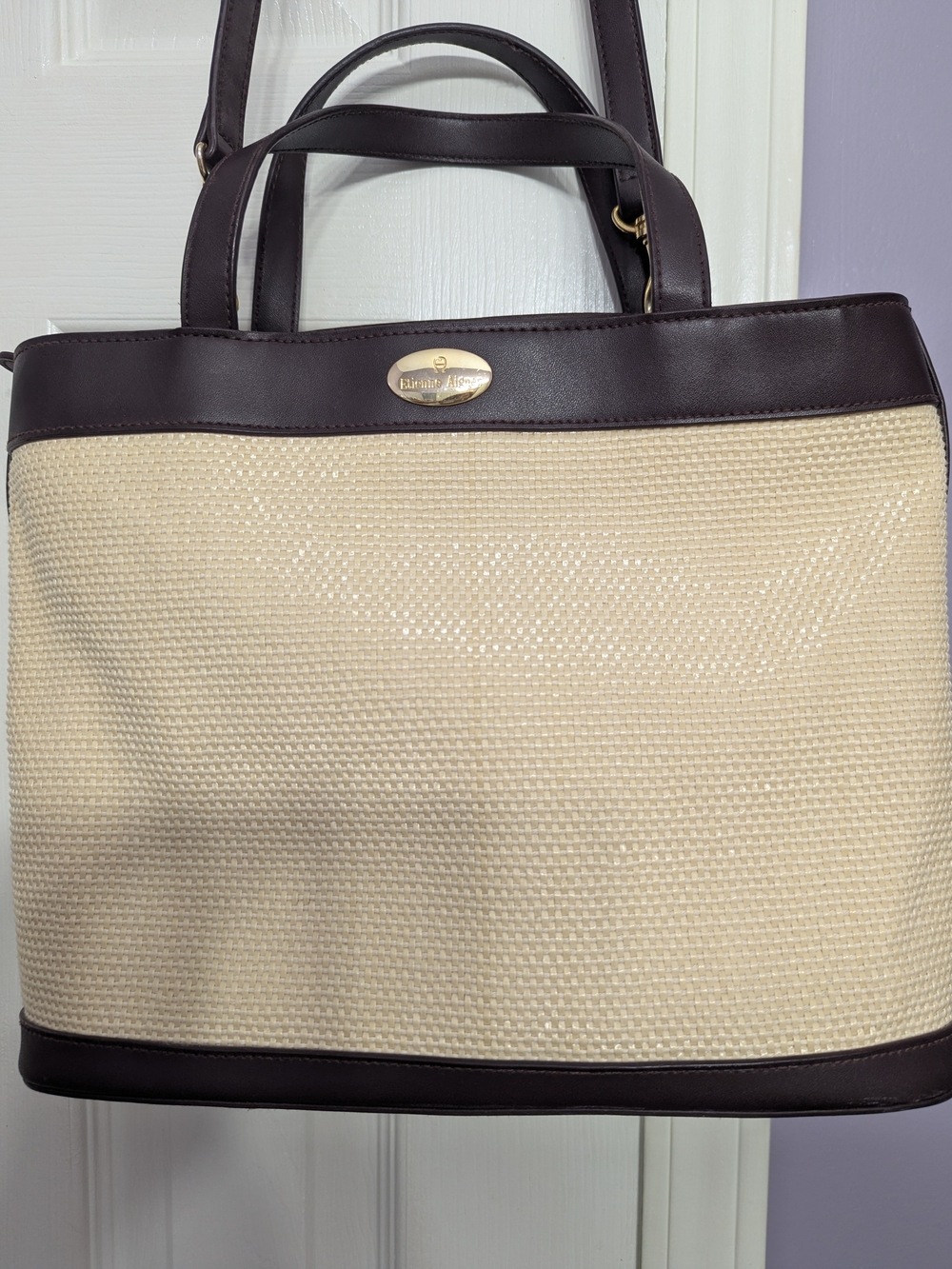 Etienne Aigner Cream & Brown Woven Tote Bag